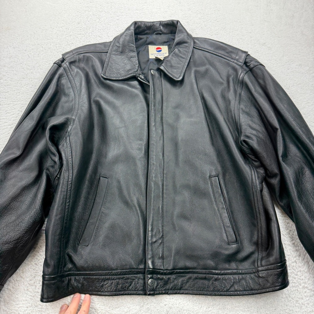 Vintage Pepsi Genuine Leather Bomber Jacket Mens XL Black Quilted Zip Up Moto